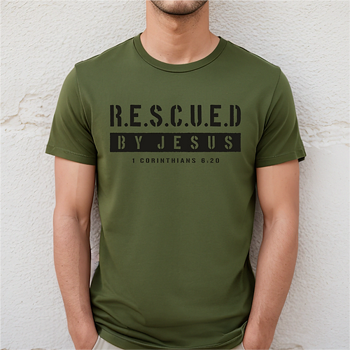 T-Shirt homme "Rescued By Jesus" xs à xxl (4 couleurs )