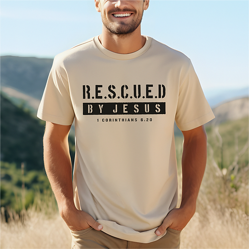 T-Shirt homme "Rescued By Jesus" xs à xxl (4 couleurs )