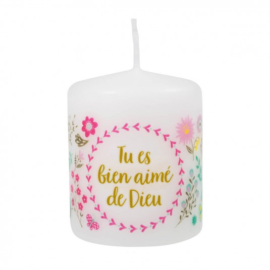 Petite bougie avec motif fleurs - Tu es bien aimé de Dieu