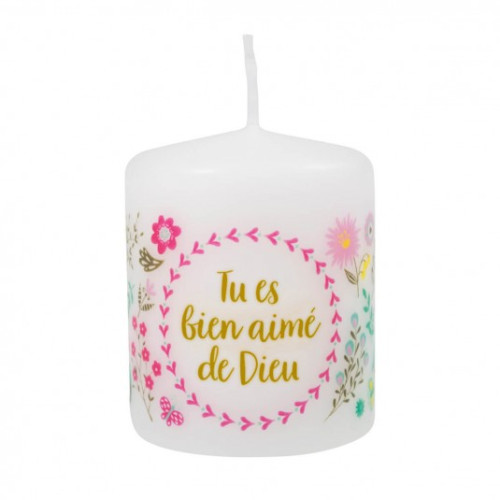 Petite bougie avec motif fleurs - Tu es bien aimé de Dieu