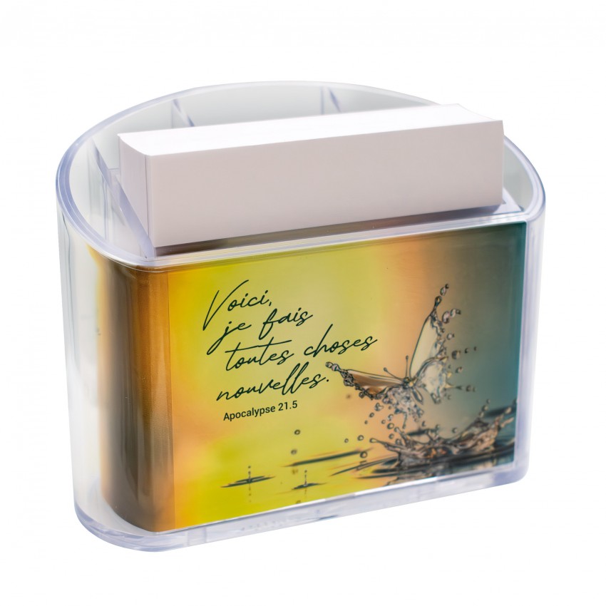 Porte-crayon avec bloc-note "Voici, je fais toutes choses nouvelles"