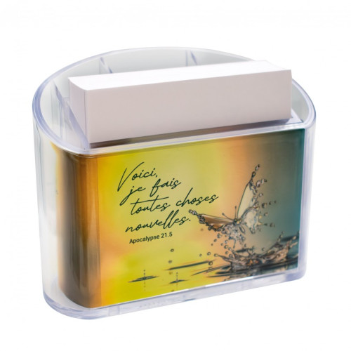 Porte-crayon avec bloc-note "Voici, je fais toutes choses nouvelles"