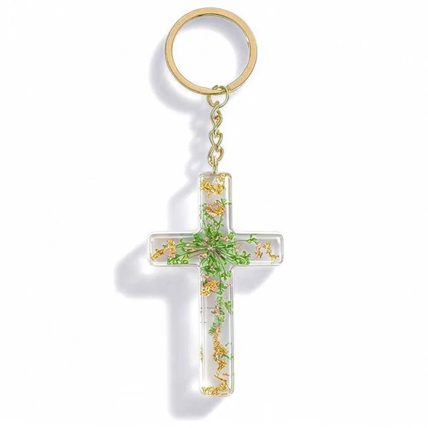 Porte-clé croix avc inclusions de fleurs - vert