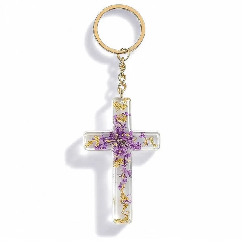 Porte-clé avec inclusions de fleurs - violet